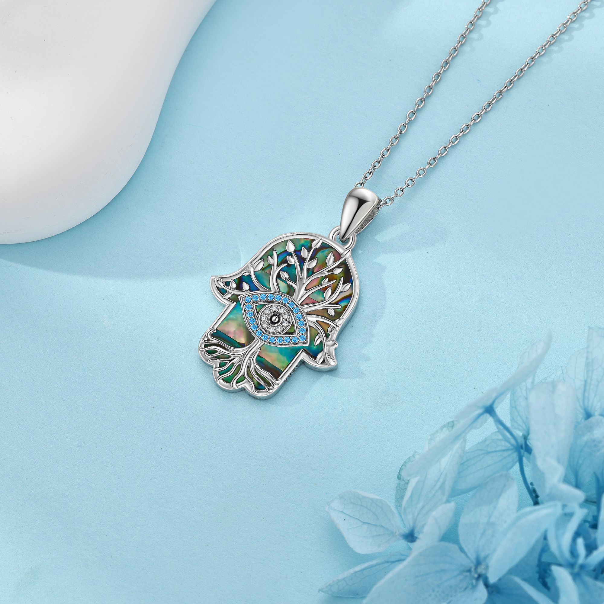925 Sterling Silver Hamsa Hand Necklace with Evil Eye Charm